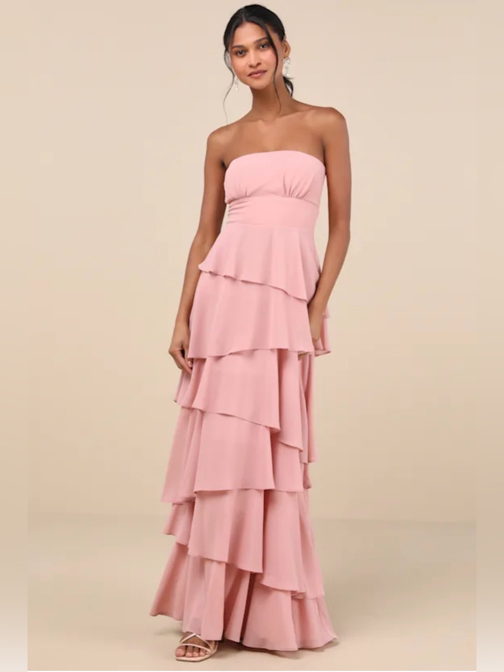 Nwt Lulu's Gorgeous Essence Strapless Tiered Maxi Dress - Pink/Blush Xs